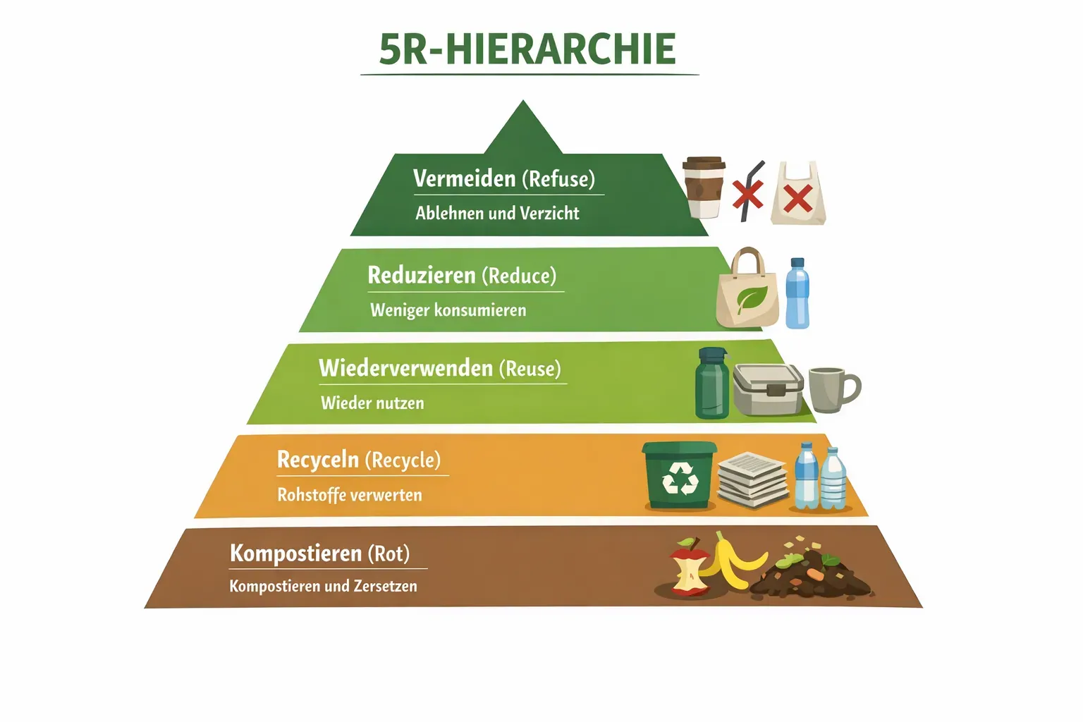 () infographic-style illustration showing the 5R-Hierarchie (Refuse, Reduce, Reuse, Recycle, Rot) as a vertical pyramid