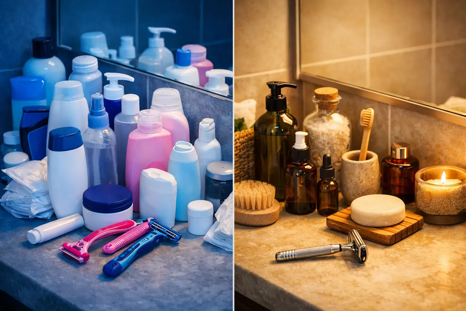 () split-scene photograph showing a before-and-after comparison: left side shows a cluttered bathroom counter overflowing