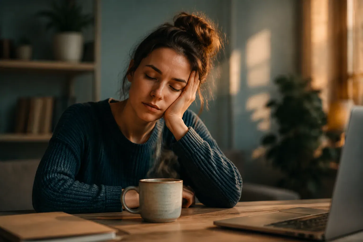 Professional () editorial hero image depicting a tired young woman sitting at a wooden desk in a softly lit room, head