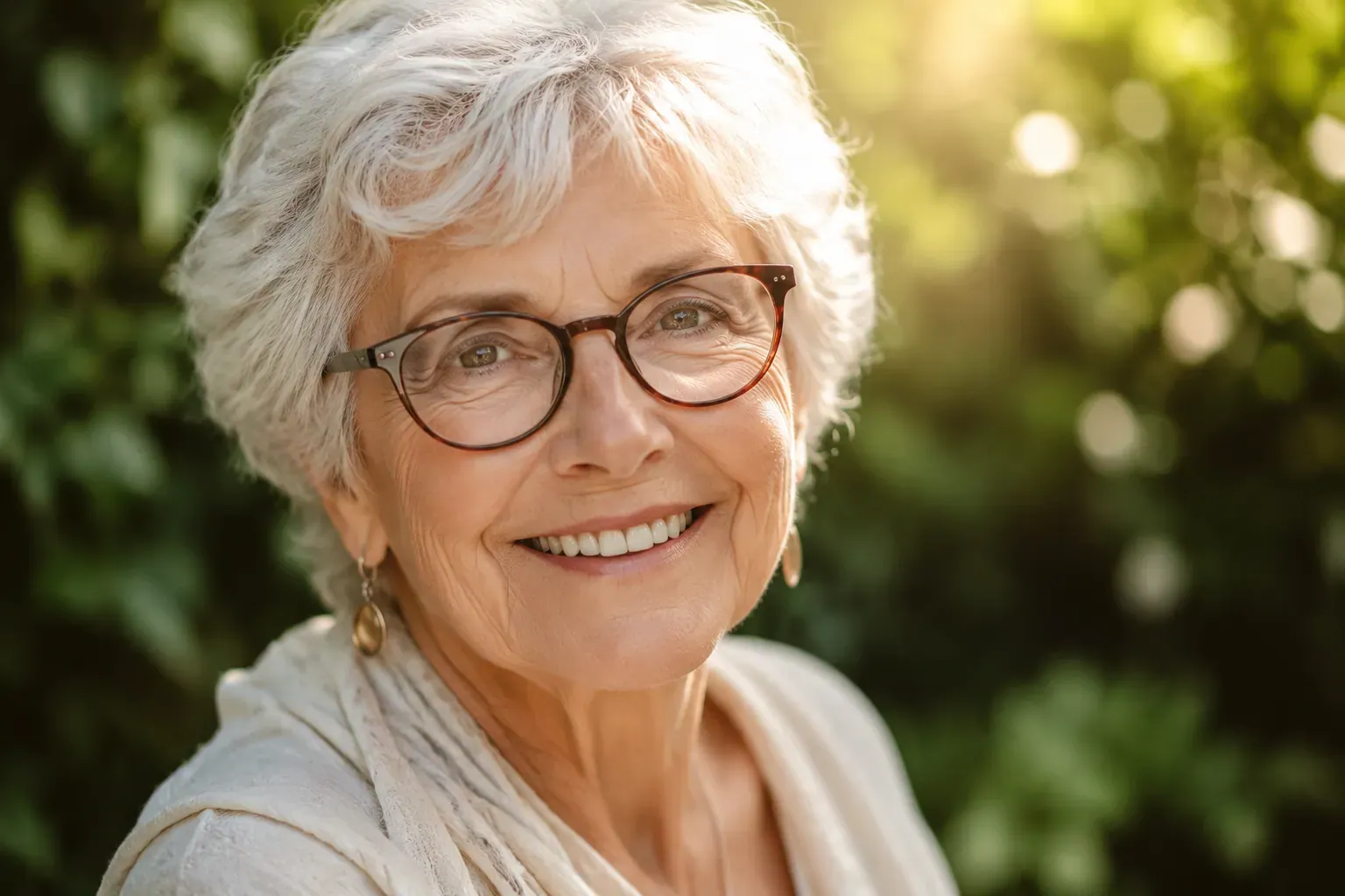 Professional () hero image showing a close-up of a smiling senior woman in her 70s with bright, clear eyes, wearing elegant