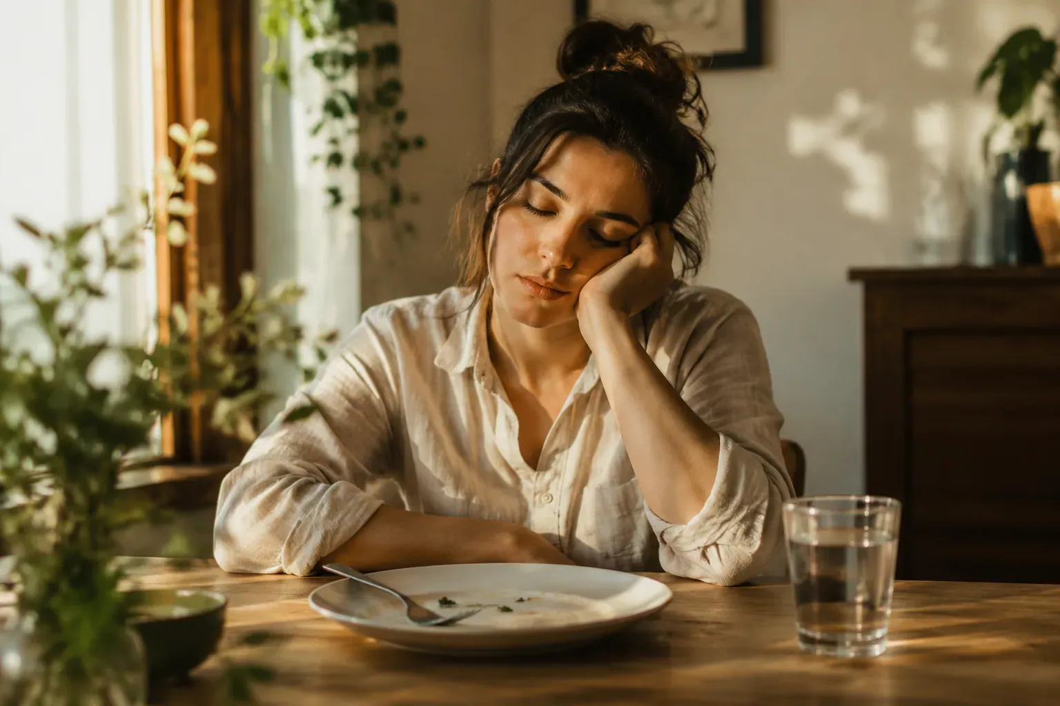 Professional () hero image showing a person sitting at a wooden dining table after a meal, head resting on hand with eyes