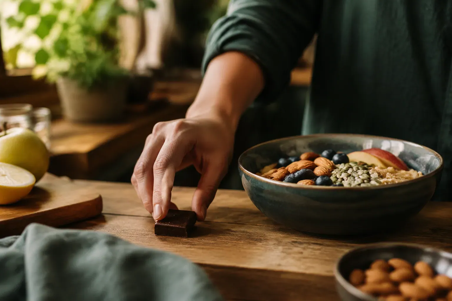 Professional () hero image showing a close-up of a person's hand reaching toward a bowl of mixed healthy foods and a small