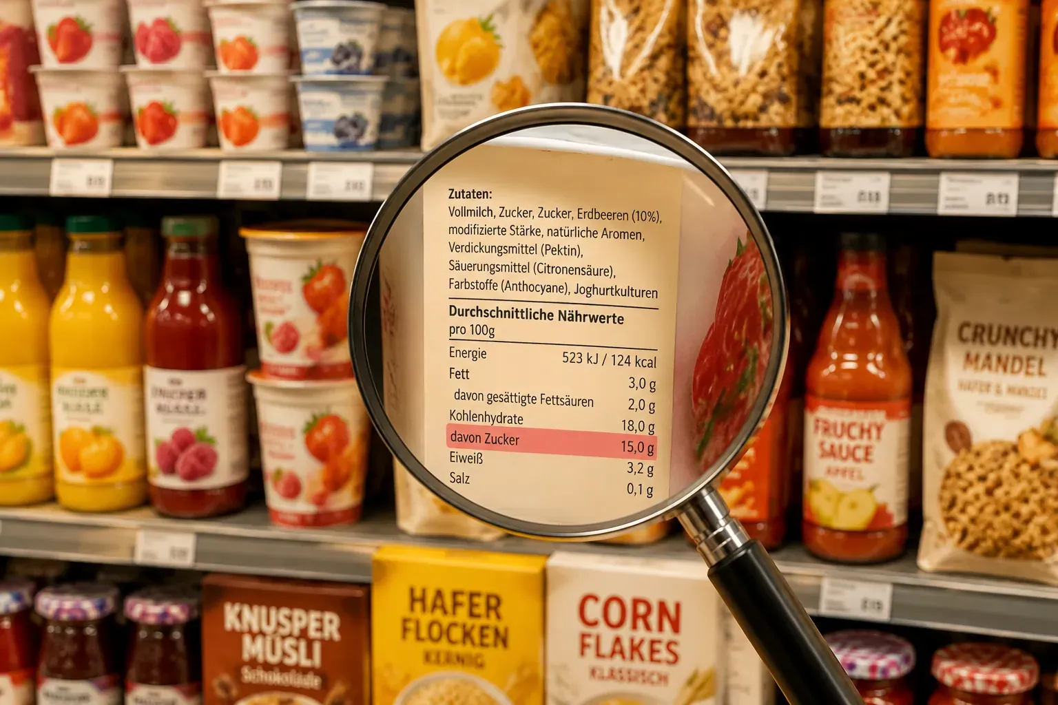 Professional () hero image showing a supermarket shelf filled with colorful packaged food products — yogurt cups, breakfast