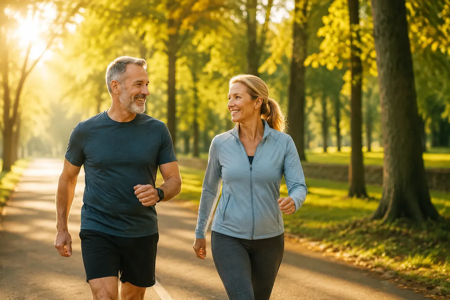 Professional () hero image showing an active, healthy couple in their mid-50s walking briskly through a sunlit park with