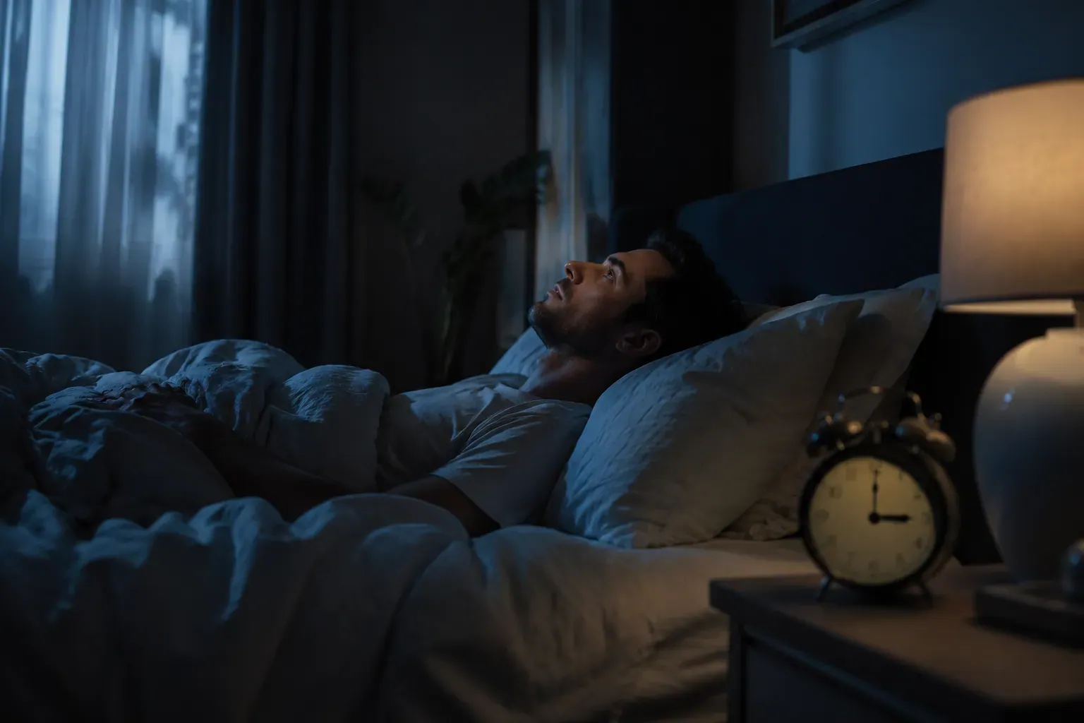 Professional () editorial hero image depicting a dimly lit bedroom at 3am, a person lying awake in bed staring at the